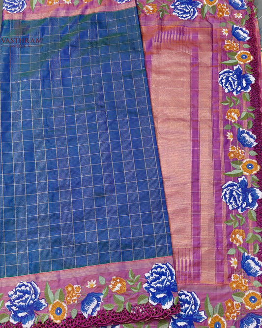 Peacock Blue Colour Kanchivaram Silk Saree With Zari Checks All Over