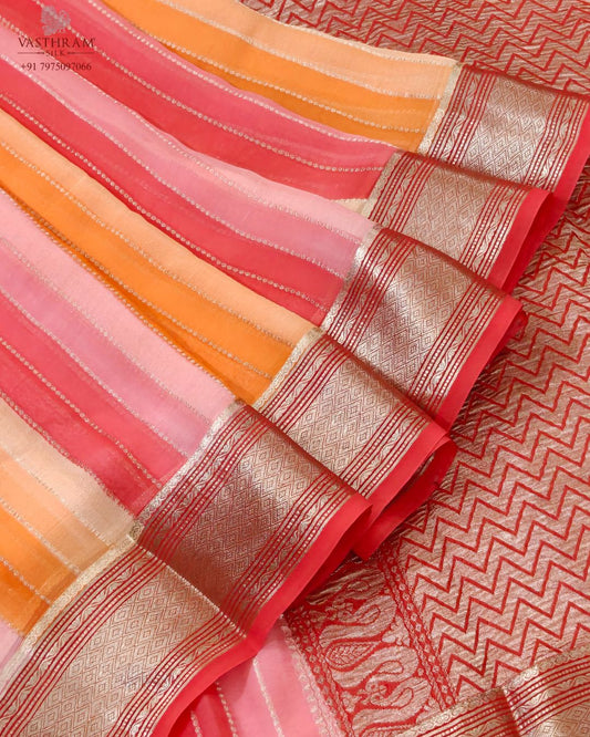 Red colour georgette saree with zari stripes all over