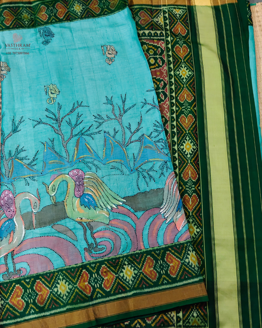 Rama blue colour tussar & ikkat fusion silk saree with kantha work an hand paint motif all over