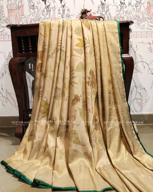 Cream colour kanchivaram silk saree with eco print all over