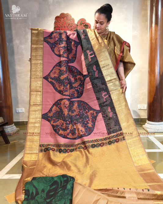 Pink colour kanchivaram silk saree with pen kalamkari all over