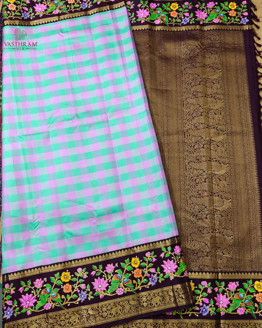 Sea Blue & Pink Colour Kanchivaram Silk Saree With Checks All Over Code : KA509