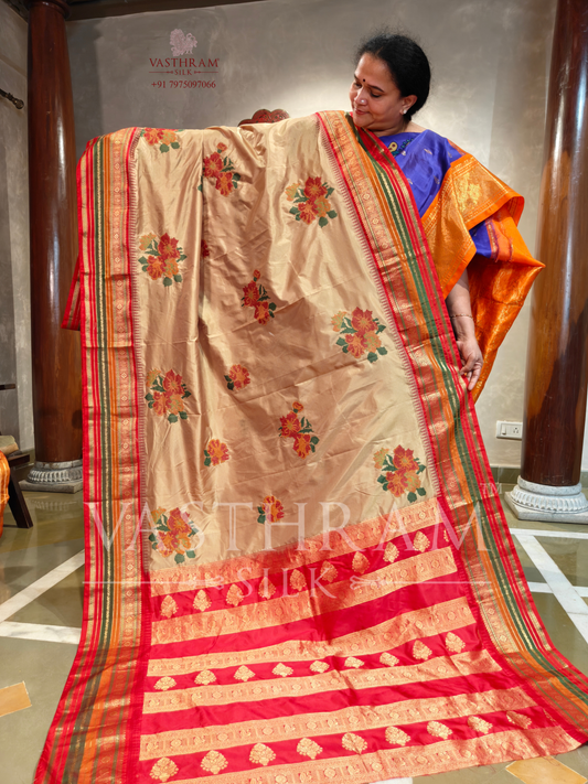 Cream Colour Kanchivaram Silk Saree With Cross- Stitch Embroidery All Over Code : 0428