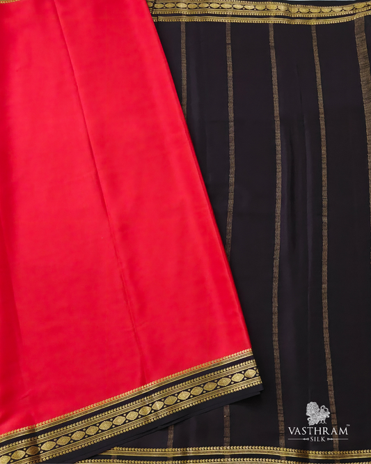 Red Colour Mysore Crepe Silk With Black Zari Border Code : MC014