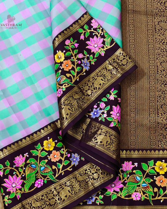 Sea Blue & Pink Colour Kanchivaram Silk Saree With Checks All Over Code : KA509