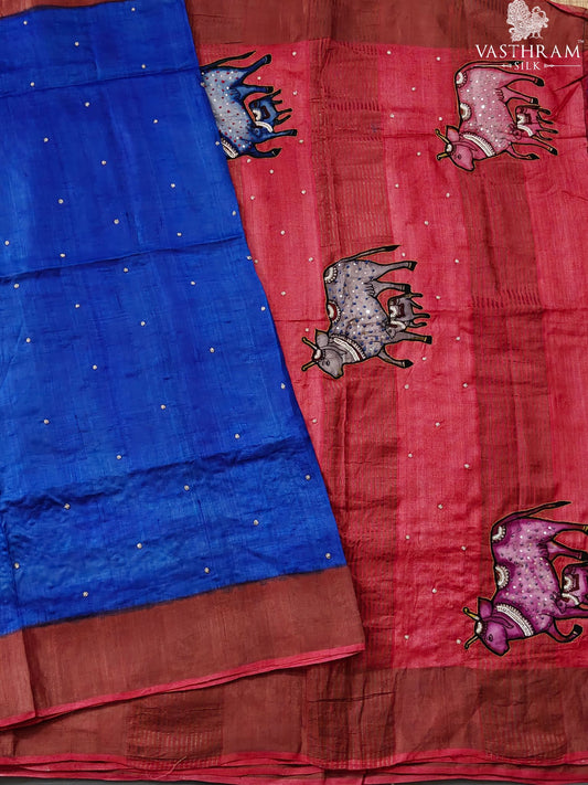 Blue Colour Tussar Silk Saree With Cutdana & Pearl Work All Over Code : KT026