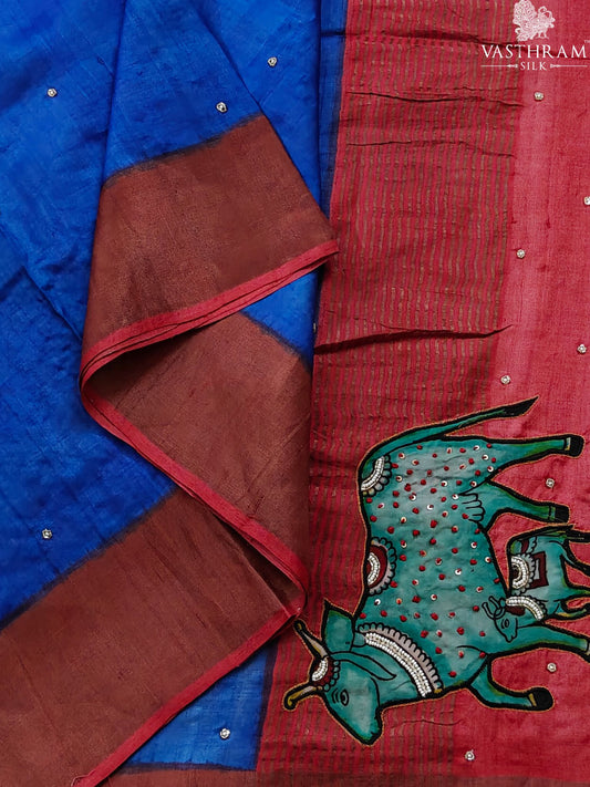 Blue Colour Tussar Silk Saree With Cutdana & Pearl Work All Over Code : KT026