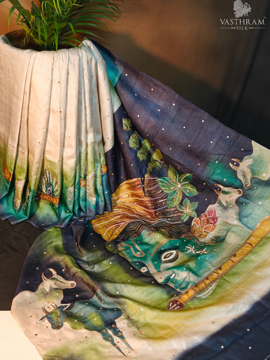 Cream Colour Tussar Silk Saree With Zero Zari Mirror Work All Over Code : KT029