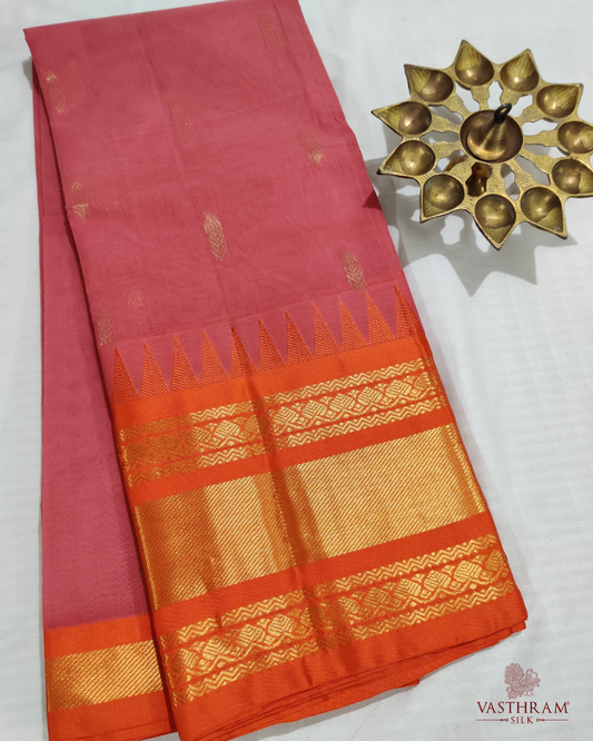 Dark Peach Colour Cotton Saree With Zari Butta All Over Code : SC008