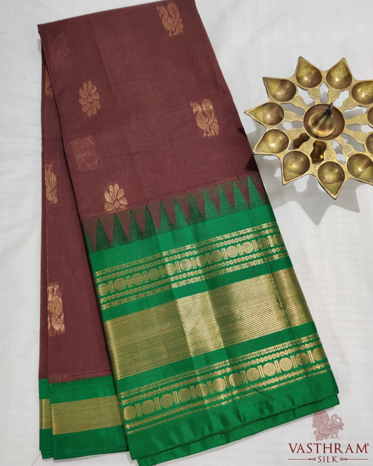 Brown Colour Cotton Saree With Zari Butta All Over Code : SC011