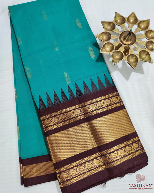 Rama Blue Colour Cotton Saree With Zari Butta All Over Code : SC009