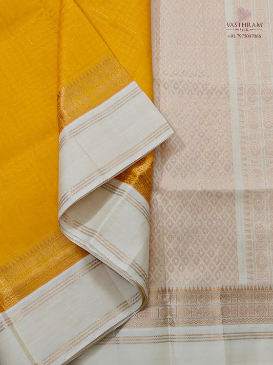 Yellow Colour Silk Cotton Saree With Zari Checks All Over Code : SC047