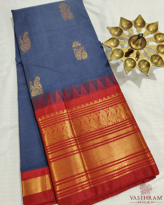 Greyish Blue Colour Cotton Saree With Zari Butta All Over Code : SC012