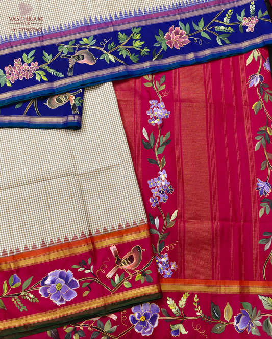 Cream & Light Brown Colour Kanchivaram Silk Saree With Checks All Over