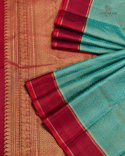 Turquoise Green Colour Kanchivaram Silk Saree With Thread Woven Motif All Over Code : KA0514