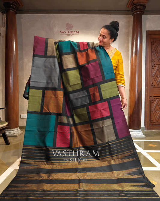 Black colour kanchivaram silk saree with multi colour thread woven checks all over Code : KA0493