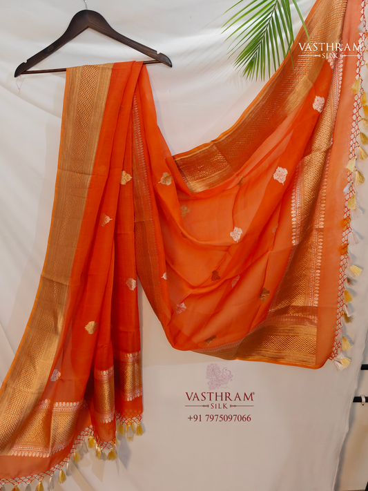 Orange Colour Organza Silk Dupatta With Zari Butta All Over