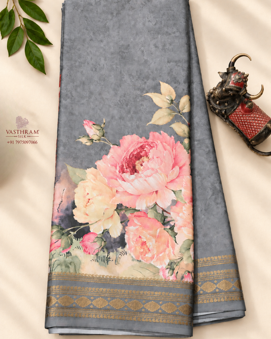 Grey Colour Mysore Crepe Silk Saree With Floral Digital Print All Over