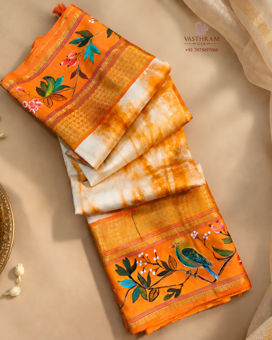 Cream & orange colour kanchivaram silk saree with shibori all over