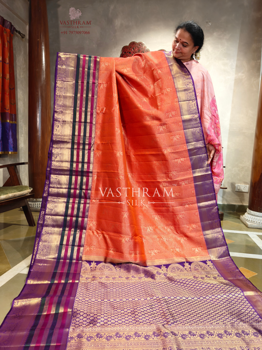 Burnt Orange Kanchivaram Silk Saree With Zari Motifs All Over