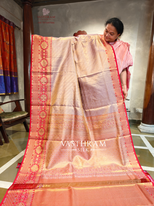 Dual Tone Light Lavendar Tissue Kanchivaram Silk Saree With Zari Motifs All Over