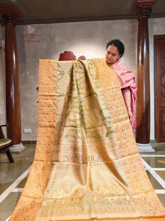 Light Green Tissue Kanchivaram Silk Saree With Zari Motifs All Over