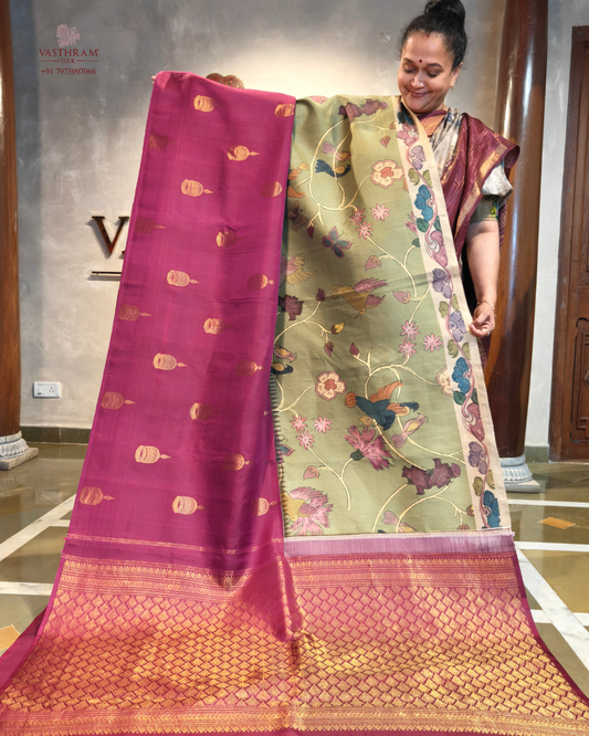 Mehandi Green & Magenta Colour Half/Half Kanchivaram Silk Saree With Digital Print & Zari Motif All Over