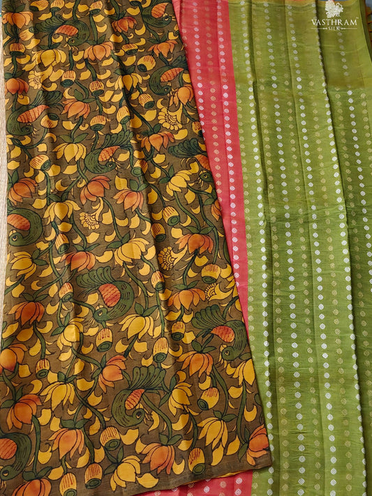 Mehandi Green Colour Partly Kanchivaram Silk Saree With Pen Kalamkari All Over : KA0458