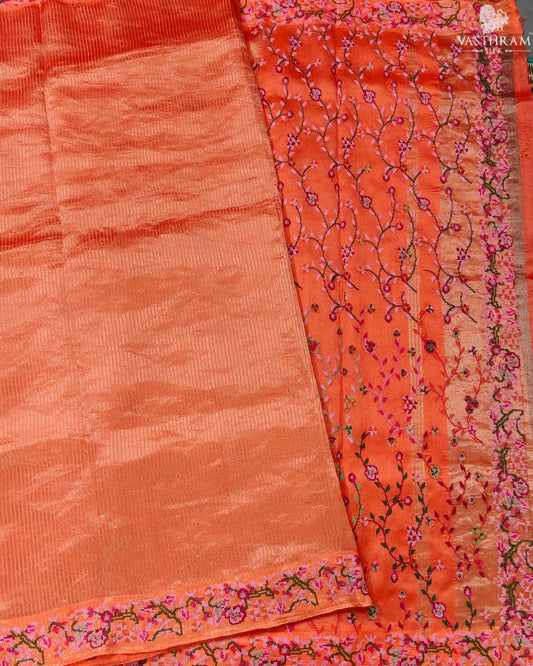 Orange Colour Tissue Chanderi Silk Saree With Zari Stripes All Over