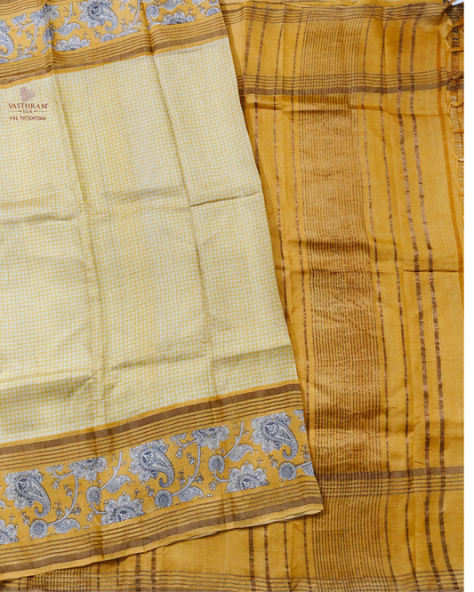 Cream & Lemon yellow colour tussar silk saree with checks all over