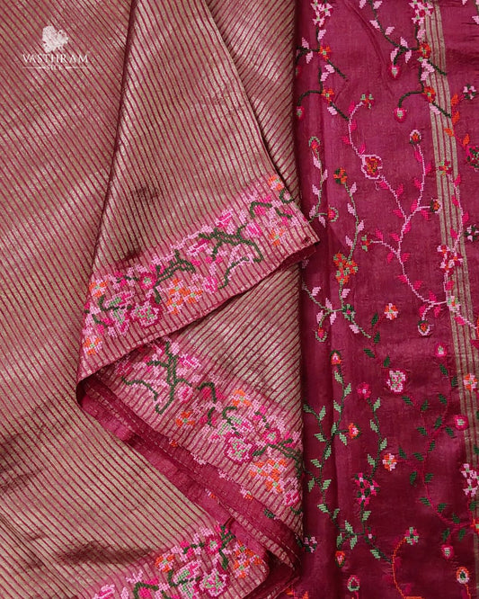 Maroon Colour Tissue Chanderi Silk Saree With Zari Stripes All Over