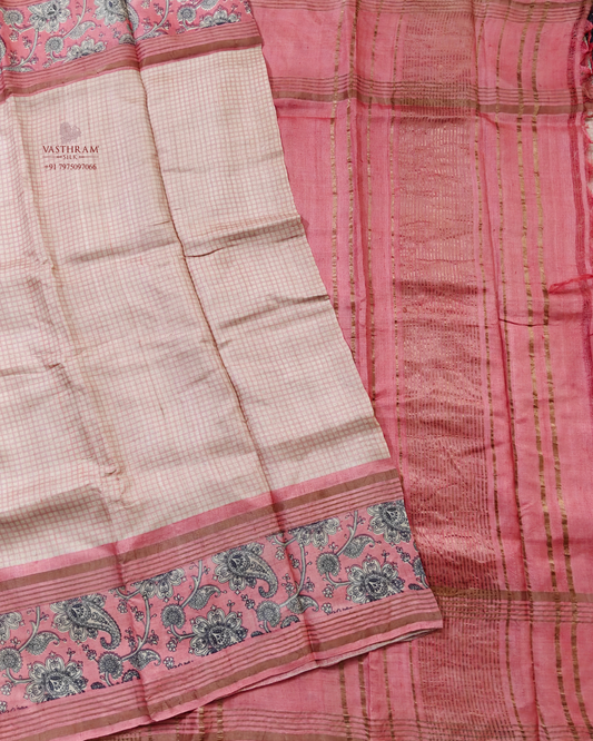 Cream & baby pink colour tussar silk saree with checks all over
