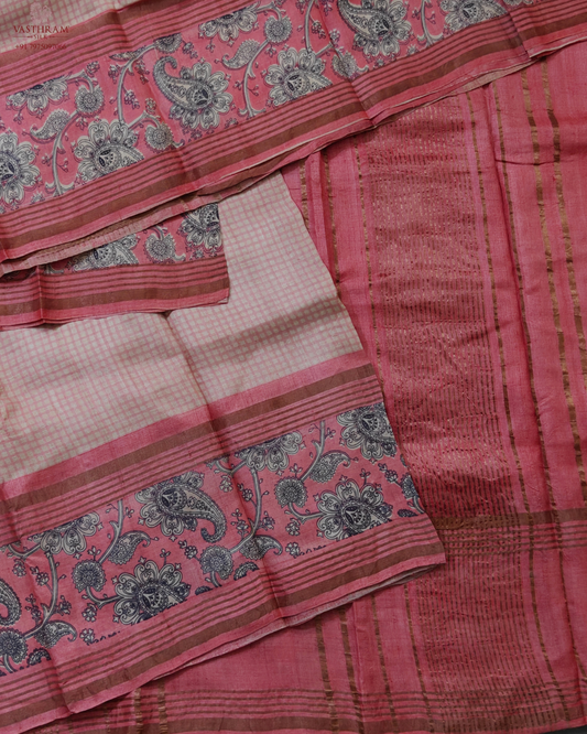 Cream & baby pink colour tussar silk saree with checks all over