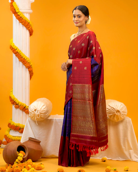 Blue Colour Kanchivaram Silk Saree With Checks Motif All Over