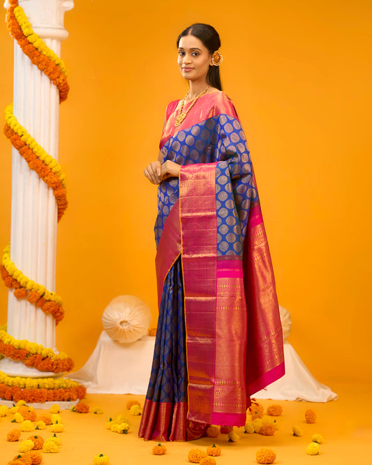 Peacock Blue Colour Kanchivaram Silk With Zari Motif Body