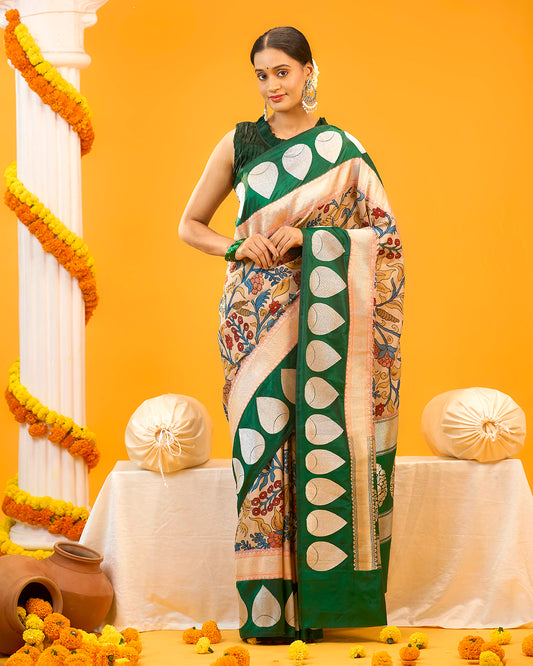 Cream Colour Ikkat & Banarasi Silk Fusion Saree