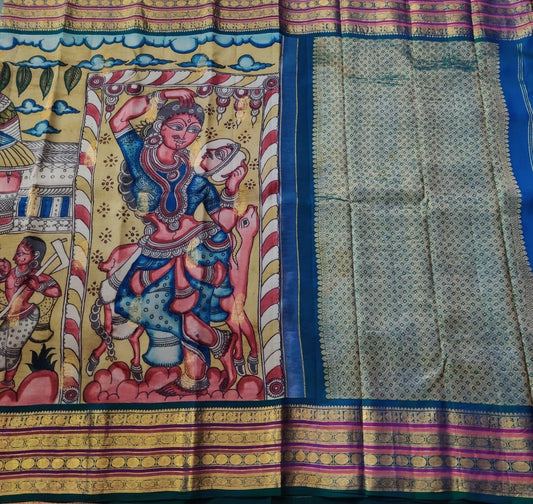 Light Yellow Colour Kanchivaram Silk With Pen Kalamkari Work