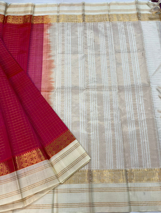 Dualtone pink silk cotton saree with cream zari pallu