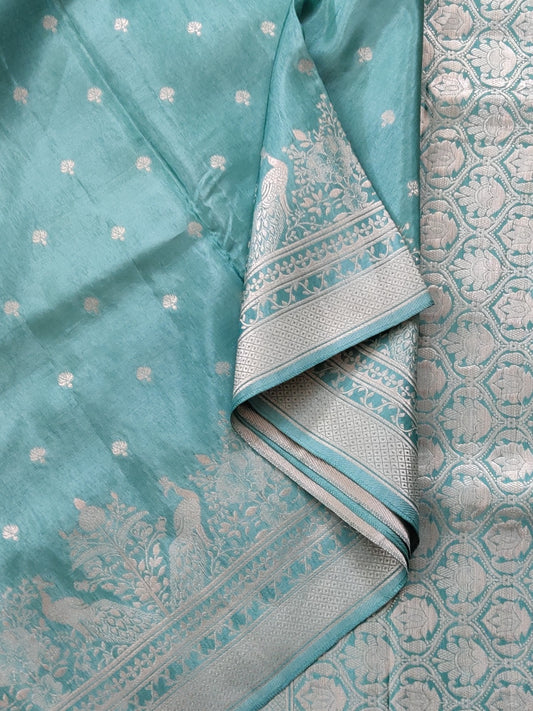 Light Turquoise Colour Semi Mashru Saree With Small Zari Butta All Over Code : VB0386