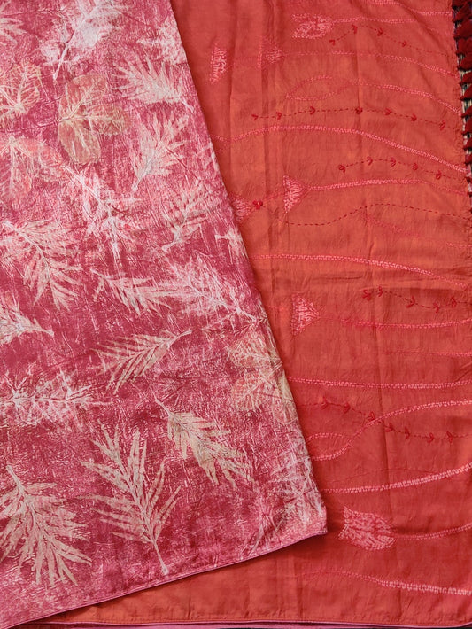 Red Colour Pure Silk Saree With Natural Eco Print All Over Code : KA0338