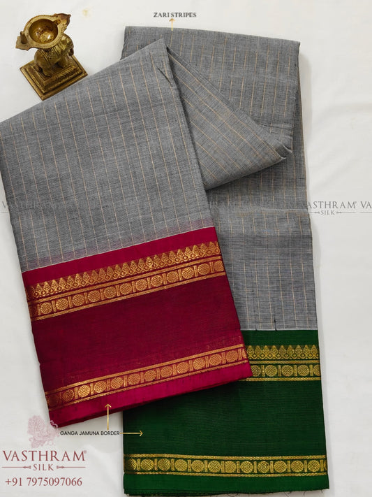 Grey Colour Cotton Saree With Zari Stripes All Over Code : PC012