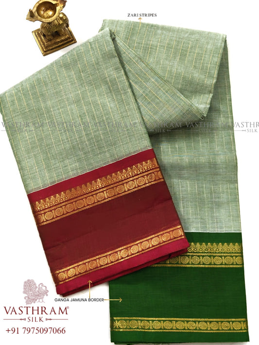 Pista Green Colour Cotton Saree With Zari Stripes All Over Code : PC013