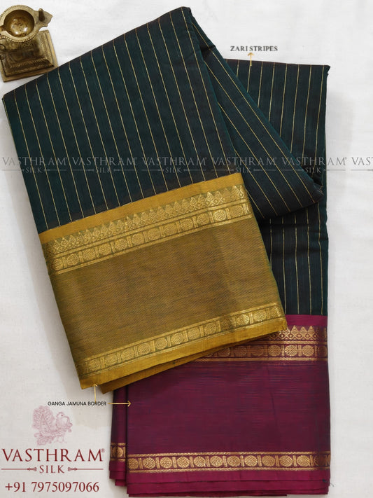 Bottle Green Colour Cotton Saree With Zari Stripes All Over Code : PC014