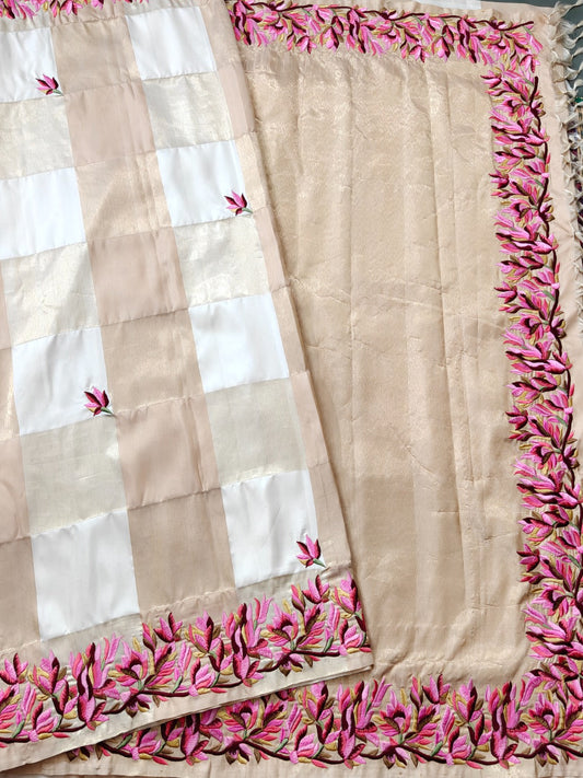 Cream Colour Checks Kanchivaram Silk Saree With Parsigara Embroidery Work Code : KA394