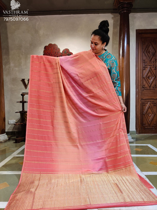 Pink And Peach Colour Mysore Crepe Silk Saree With Zari Strips All Over Code : MC006