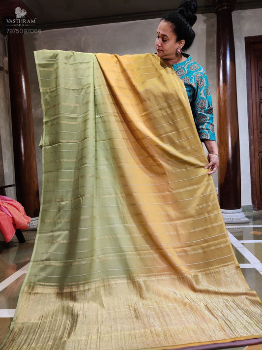 Mehandi Green And Orange Mysore Crepe Silk Saree With Zari Strips All Over Code : MC008