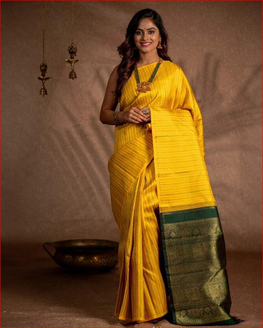 Yellow Colour Pure Zari Kanchivaram Silk Saree With Thread Woven Stripes All Over