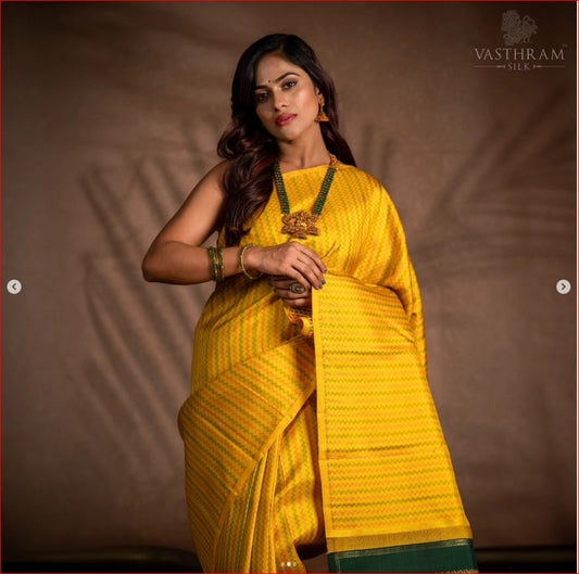 Yellow Colour Pure Zari Kanchivaram Silk Saree With Thread Woven Stripes All Over