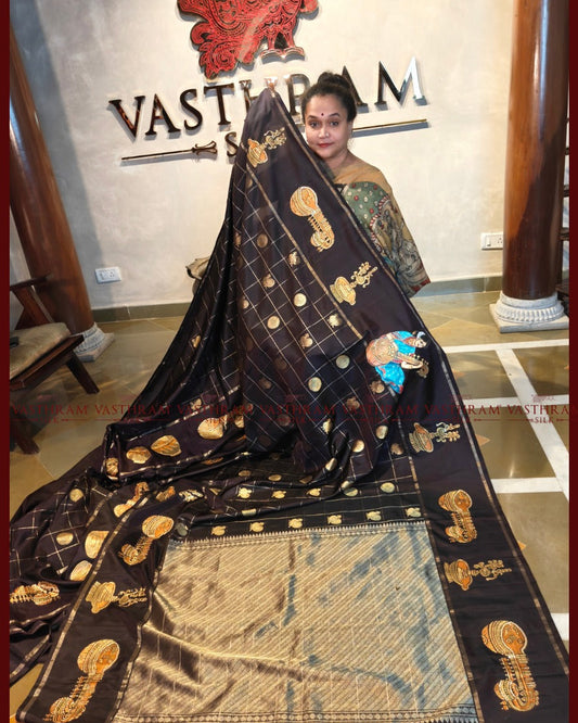 Snuff colour kanchivaram silk saree with peacock & rudraksham butta all over