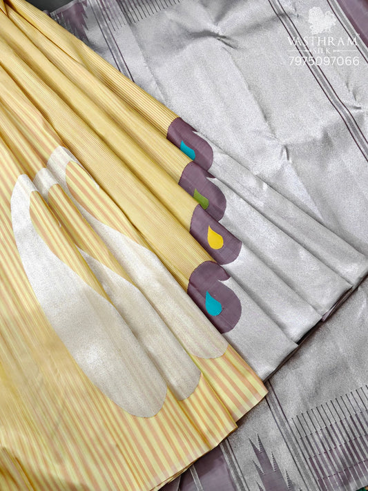 Yellow Colour Raising Kanchivaram Silk Saree With Thrad Woven Motif All Over Code : KA0476